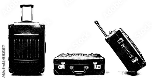 Black suitcases in different positions: standing, lying flat, and tilted on wheels