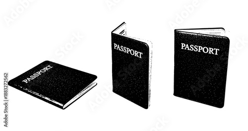 Black and white passport illustrations: closed and open booklets
