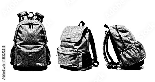 Three black and white backpacks in profile view