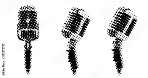 Vintage microphone trio in black and white halftone style