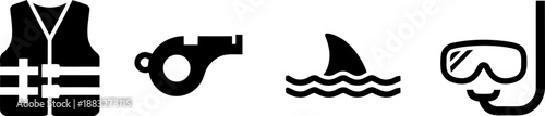 Ocean Safety and Water Sports Icon Set , Life Jacket, Whistle, Shark Warning, and Snorkel Symbols