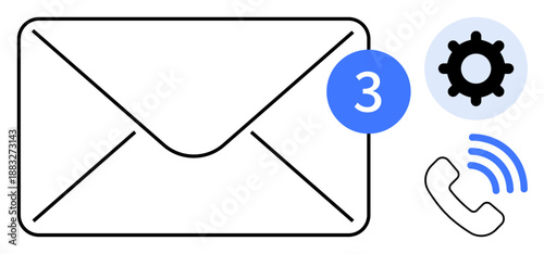 Email communication. Email icons with alert notification and gear for settings. Email used in messaging apps and business tools. For customer support, productivity apps, settings, notifications