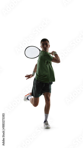 Photos Tennis player backhand follow through isolated on white background