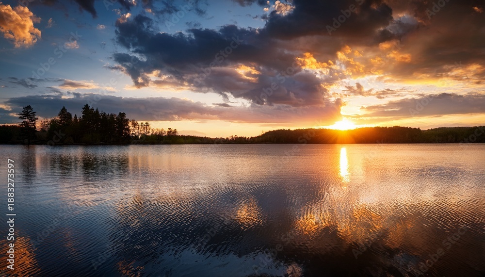 Obraz premium Sunset Over A Calm Lake With Dramatic Clouds