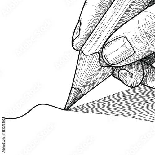 Close-up of a hand holding a pencil drawing a line on paper.