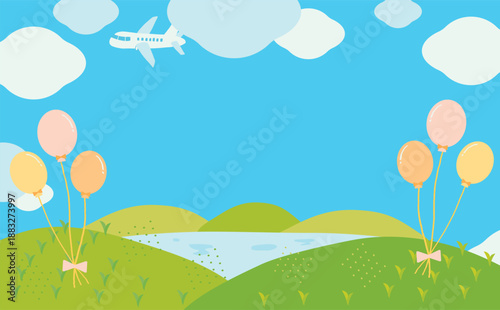 Cute Pastel Balloon Illustration in a Blue Sky and Hill Landscape