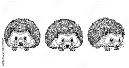 Three adorable hedgehogs in detailed black and white illustration