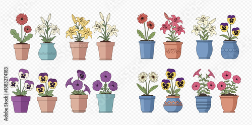 Collection of various potted flowers and plants, including pansies, lilies, and petunias, in a flat vector style.