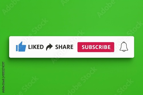 Red youtube subscribe button with notification bell and icons for like comment and share on a green background
