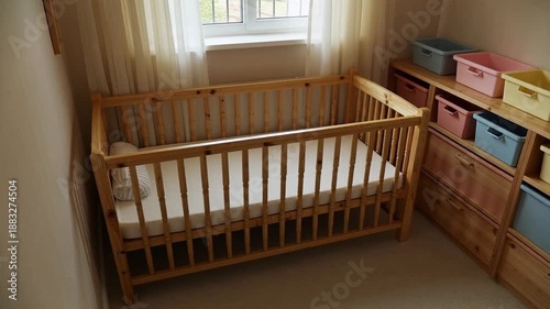 Cozy nursery with wooden crib and colorful storage bins