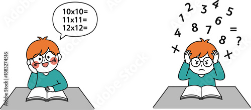 Student learning mathematics cartoon illustration with thinking and confusion concepts, problem solving education scene, and simple flat style