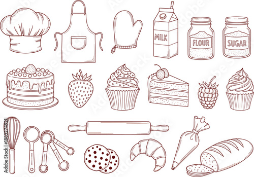 Hand drawn baking and cooking line art vector set with kitchen tools, ingredients, desserts, and pastry elements