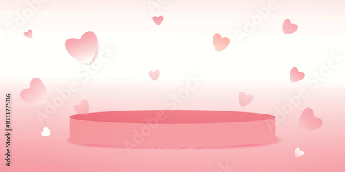 Background with pink heart, podium for Valentine's Day promotions, Mother's Day sales, romantic luxury product displays, cosmetic presentations, wedding banner. Geometric Isolated vector illustration.