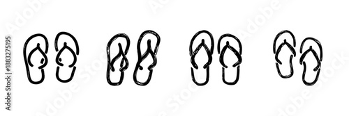 Flip Flop Sandals Line Icon Set In Doodle Style. Summer Footwear, Beach Vacation, And Casual Comfort Outline Sketch Collection. Hand Drawn Isolated Vector Illustration
