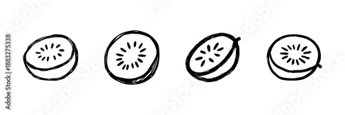 Sliced Kiwi Fruit Line Icon Set In Doodle Style. Freshness, Nutrition, And Healthy Eating Outline Sketch Collection. Hand Drawn Isolated Vector Illustration