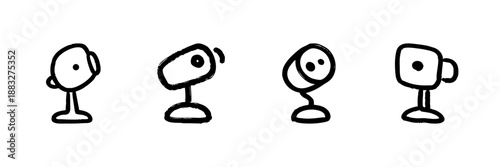 Webcam Line Icon Set In Doodle Style. Video Communication, Online Streaming, And Virtual Meetings Outline Sketch Collection. Hand Drawn Isolated Vector Illustration