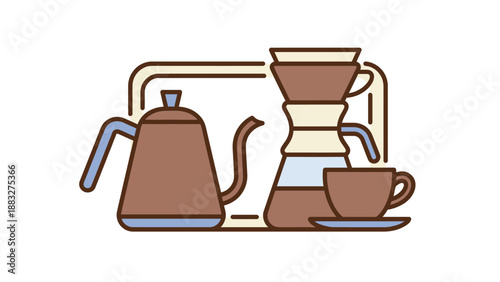 Coffee brewing equipment set, including a kettle, pour-over, and cup, ready for a delicious brew.