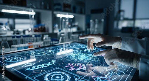 Interactive medical biotechnology data visualization interface showing molecular structures and digital analytics for advanced biomedical research and clinical innovation