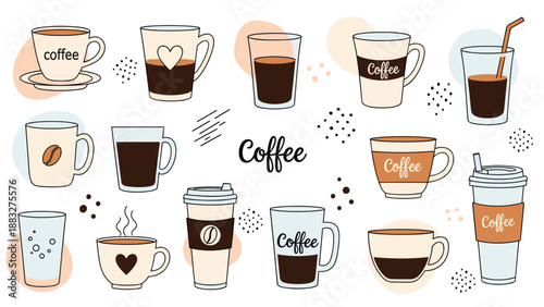 Large assortment of coffee cups, mugs, and glasses in various shapes and styles including take away cups and traditional mugs.