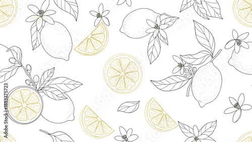 Elegant hand drawn pattern featuring whole lemons, sliced segments, and flowering branches in black and white with yellow accents.