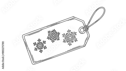 Hand drawn sketch of a rectangular price tag or gift label decorated with three different snowflake designs and a string loop.