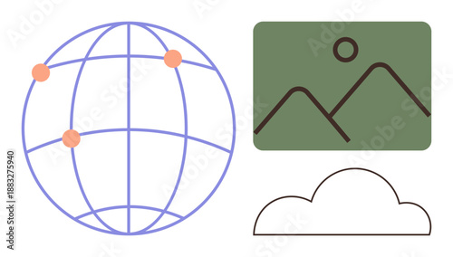 Digital communication, online sharing, global networking, cloud storage, content distribution, data management. Outline of globe, cloud shape image of mountains. Digital communication and online