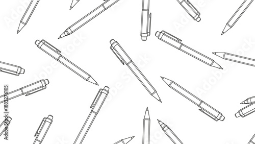 Seamless black and white pattern showing various mechanical pens and ballpoint pens scattered on a plain white background for stationery.