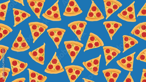 Repeating pattern of small pepperoni pizza slices scattered across a bright blue background creating a fun and energetic food themed texture.