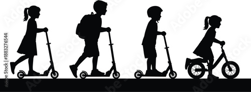 Silhouette of Diverse Group of Children Riding Kick Scooters and Bicycle Outdoors on Gradient Background, Kids Summer Activities, Active Lifestyle and Childhood Freedom Concept