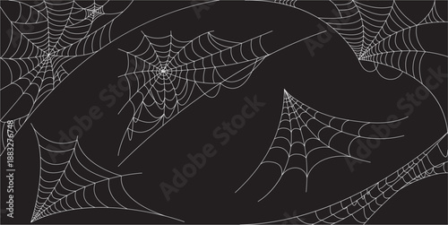 Corner Cobweb, isolated on black, transparent background. Spiderweb for Halloween design. Spider web elements, spooky, scary, horror halloween decor.