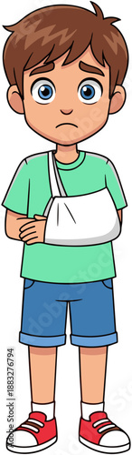Sad Cartoon Boy Character with Injured Arm in a White Medical Sling Wearing Green T-Shirt and Blue Shorts Illustration
