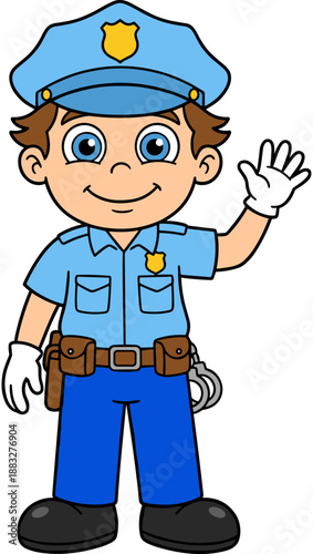 Happy Cartoon Boy Police Officer Character Wearing Blue Uniform and Hat with Gold Badge Waving Hand for Safety and Law