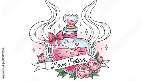 Detailed Illustration of a Heart Shaped Magic Love Potion Bottle with Pink Liquid Ribbon Bow Roses and Sparkling Magic Vapor