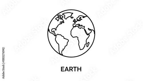 Simple black and white line art illustration of planet Earth showing continents including Africa, Europe, and parts of the Americas.