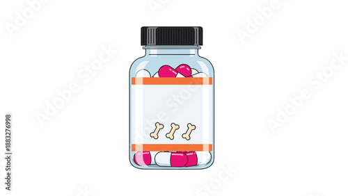 Medical bottle filled with pink and white capsules featuring bone symbols on the label indicating veterinary medicine for dogs or pets.