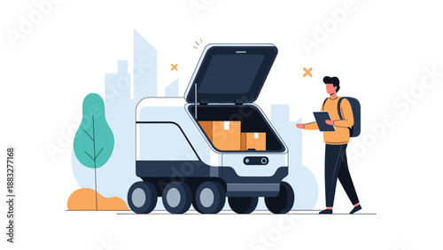 Modern delivery scene featuring an autonomous six wheeled delivery robot with its lid open and a delivery person holding a tablet.