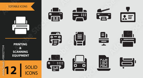 Solid icon set for printing and scanning equipment, perfect for office and technology designs