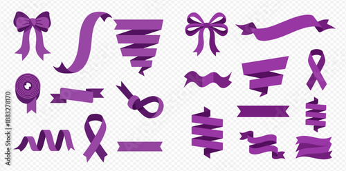 Collection of various purple ribbons and bows for decoration and awareness campaigns.