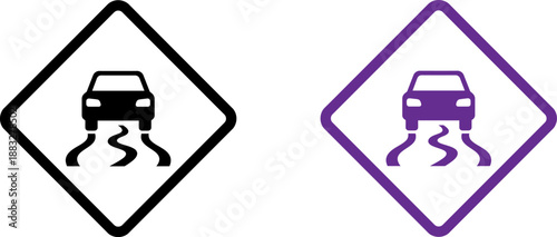 Road signs indicating slippery road ahead, car caution symbols