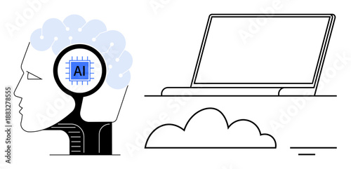 Artificial intelligence concept. Artificial intelligence ed with a brain chip and laptop. Artificial intelligence connected to cloud computing and technology. For IT, machine learning, innovation