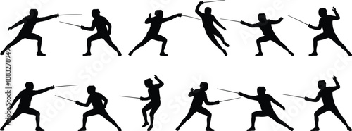 Black And White Vector Silhouette Set Of Fencing Athletes Featuring Combat Action Poses En Garde Lunging And Parrying For Sports Projects (20 words)