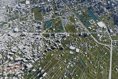 Aerial perspective of a detailed model city showcasing urban planning, architecture, parks, lakes, and road networks for design and development concepts.