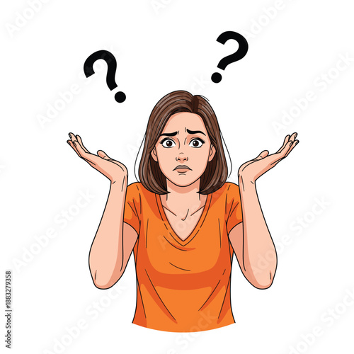 Confused woman with question marks above her head, expressing uncertainty and doubt.
