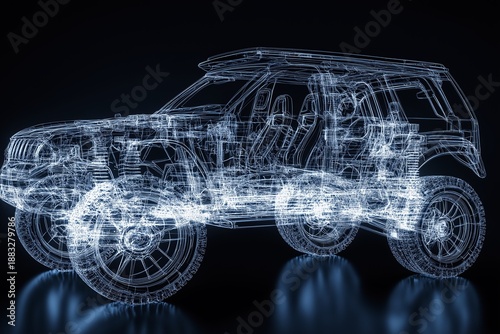 3D wireframe model of an SUV demonstrating automotive design and engineering concepts