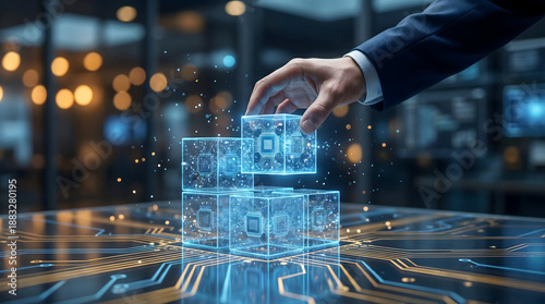 Digital infrastructure concept with hand stacking glowing circuit cubes representing microchips