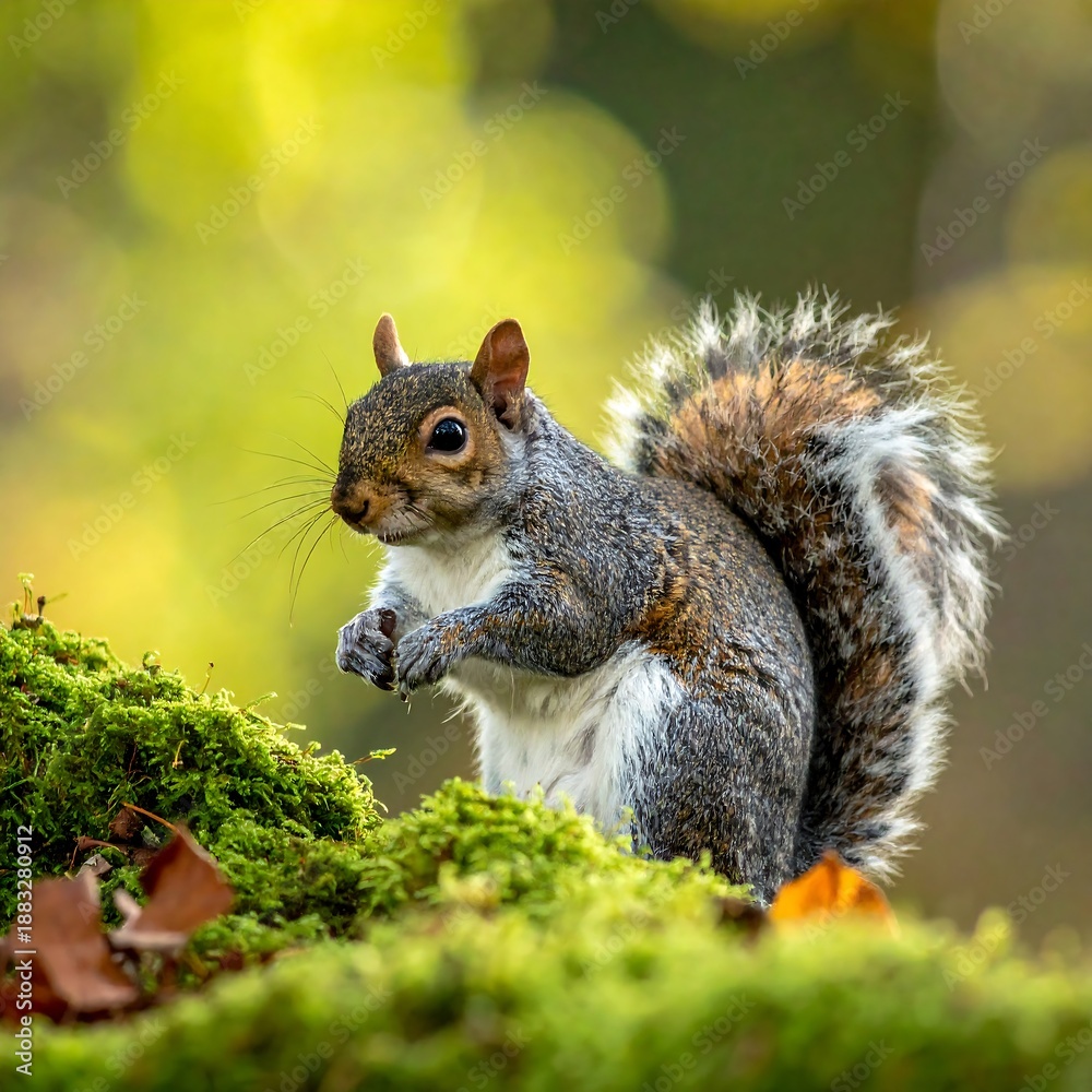 Fototapeta premium Squirrel on moss-covered branch, holding a nut, with soft focus autumn leaves in the background
