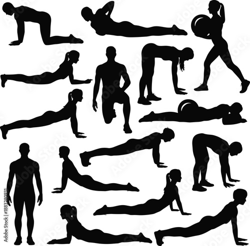 Black and white vector silhouette set of people practicing fitness exercises, yoga poses, stretching, and bodyweight workouts for wellness design (20 words)