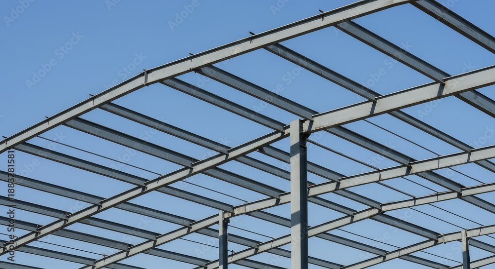 Fototapeta premium A complex grid of heavy gray steel beams forms the framework of a large industrial building under construction against a clear sky background ,steel ,construction ,future