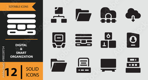 Digital and smart organization solid icon set for data management, cloud, and network solutions