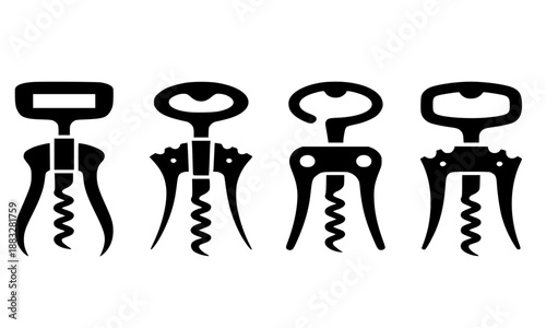 Set of corkscrew wine opener icons, black wing sommelier tool silhouettes for bottle opening, kitchen barware accessories, winery and restaurant equipment